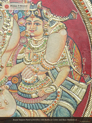 Round Tanjore Panel of Krishna with Radha at Centre and Raas Mandala of Gopis