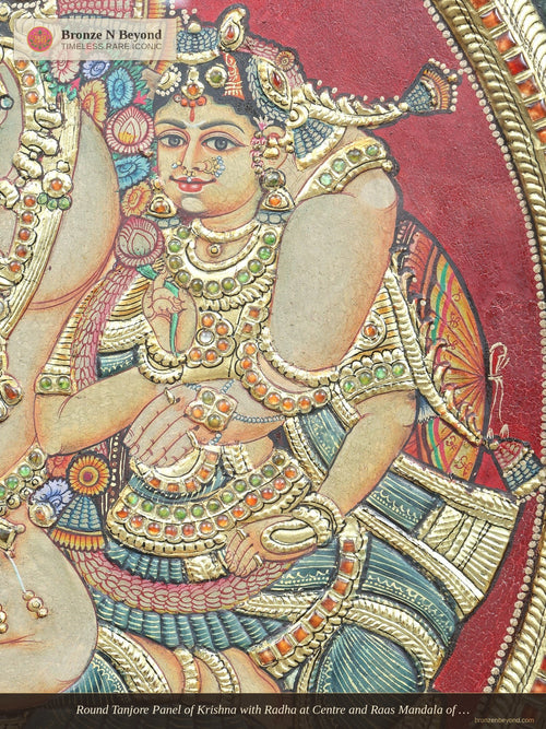 Round Tanjore Panel of Krishna with Radha at Centre and Raas Mandala of Gopis