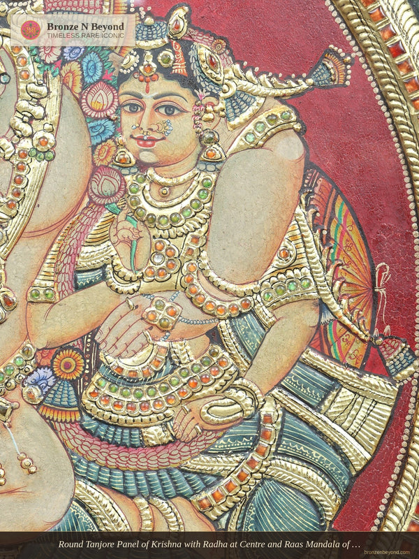 Round Tanjore Panel of Krishna with Radha at Centre and Raas Mandala of Gopis