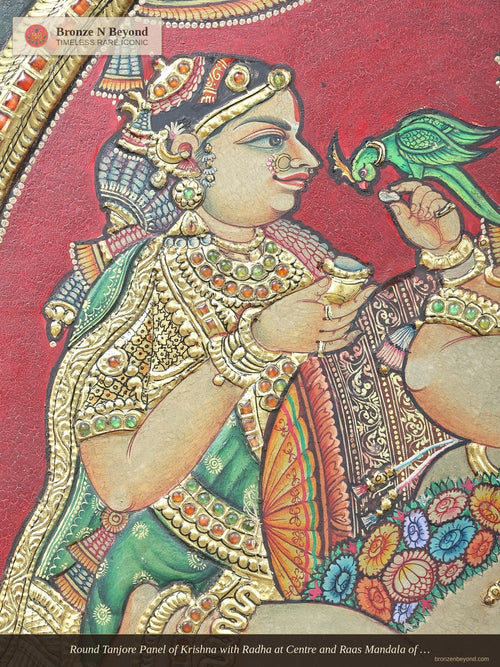 Round Tanjore Panel of Krishna with Radha at Centre and Raas Mandala of Gopis
