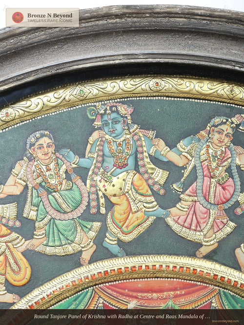 Round Tanjore Panel of Krishna with Radha at Centre and Raas Mandala of Gopis