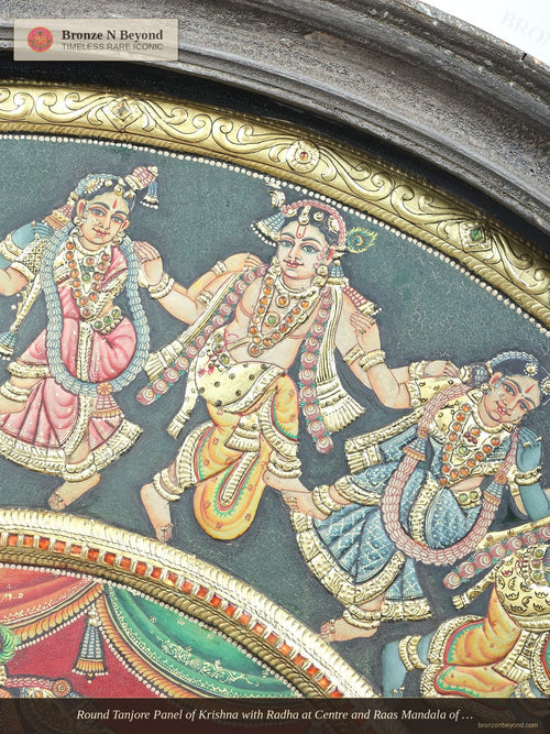 Round Tanjore Panel of Krishna with Radha at Centre and Raas Mandala of Gopis