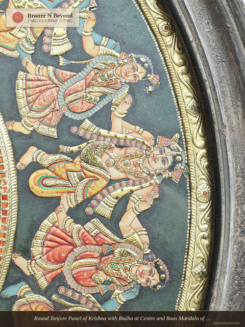 Round Tanjore Panel of Krishna with Radha at Centre and Raas Mandala of Gopis