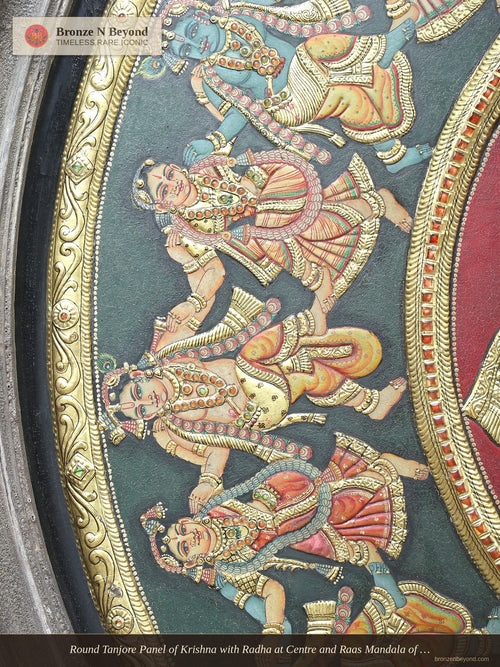 Round Tanjore Panel of Krishna with Radha at Centre and Raas Mandala of Gopis