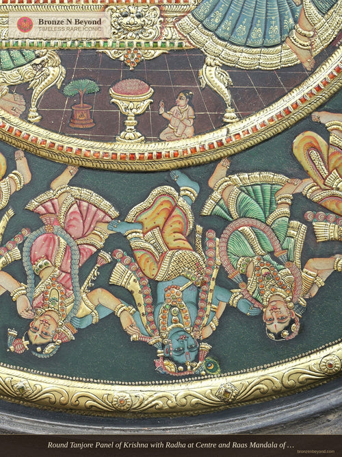 Round Tanjore Panel of Krishna with Radha at Centre and Raas Mandala of Gopis