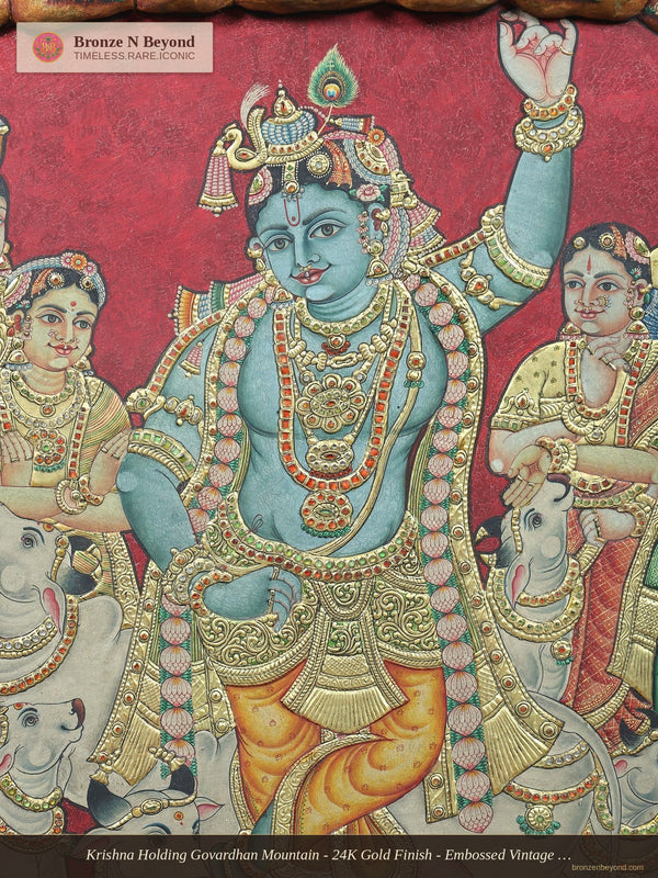 Krishna Holding Govardhan Mountain - 24K Gold Finish - Embossed Vintage Tanjore Panel