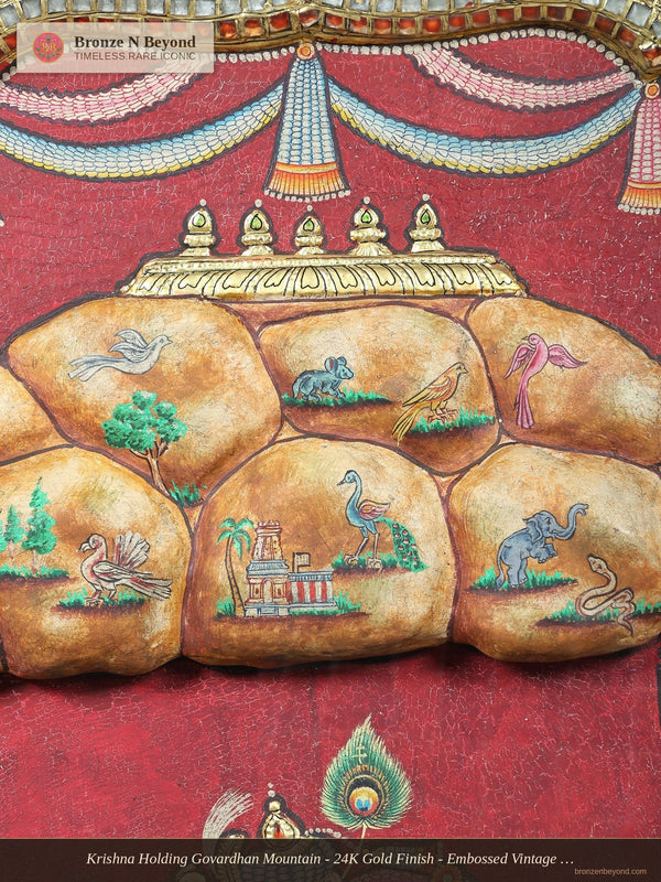 Krishna Holding Govardhan Mountain - 24K Gold Finish - Embossed Vintage Tanjore Panel