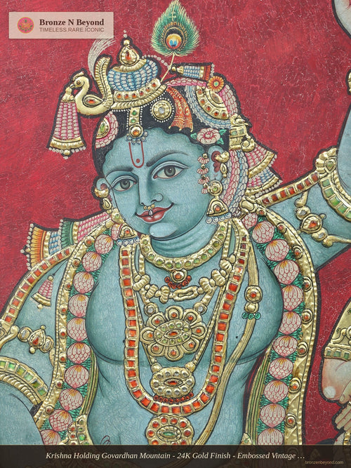 Krishna Holding Govardhan Mountain - 24K Gold Finish - Embossed Vintage Tanjore Panel