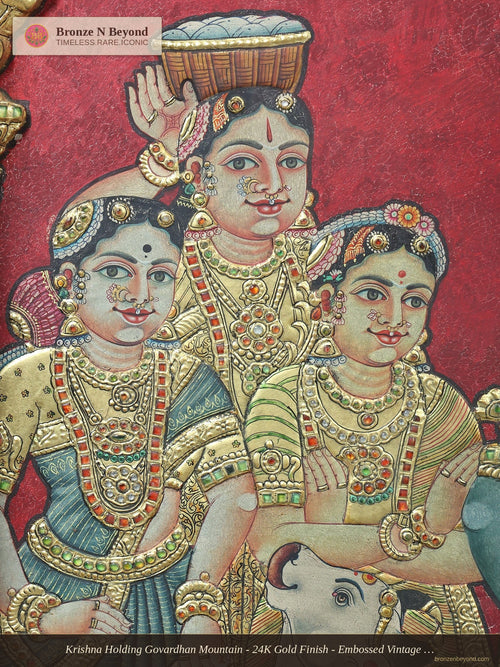 Krishna Holding Govardhan Mountain - 24K Gold Finish - Embossed Vintage Tanjore Panel
