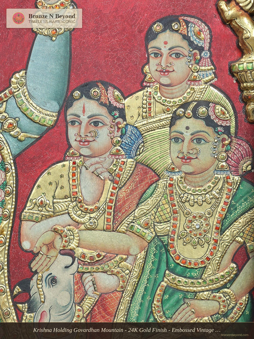 Krishna Holding Govardhan Mountain - 24K Gold Finish - Embossed Vintage Tanjore Panel