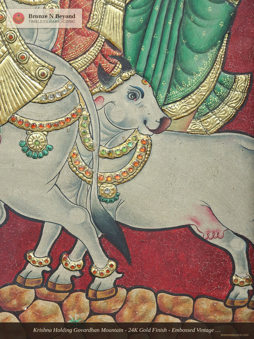 Krishna Holding Govardhan Mountain - 24K Gold Finish - Embossed Vintage Tanjore Panel