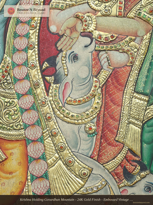 Krishna Holding Govardhan Mountain - 24K Gold Finish - Embossed Vintage Tanjore Panel