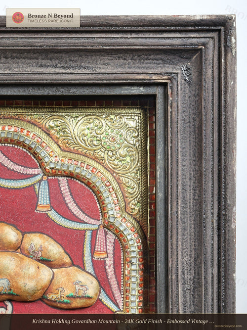 Krishna Holding Govardhan Mountain - 24K Gold Finish - Embossed Vintage Tanjore Panel