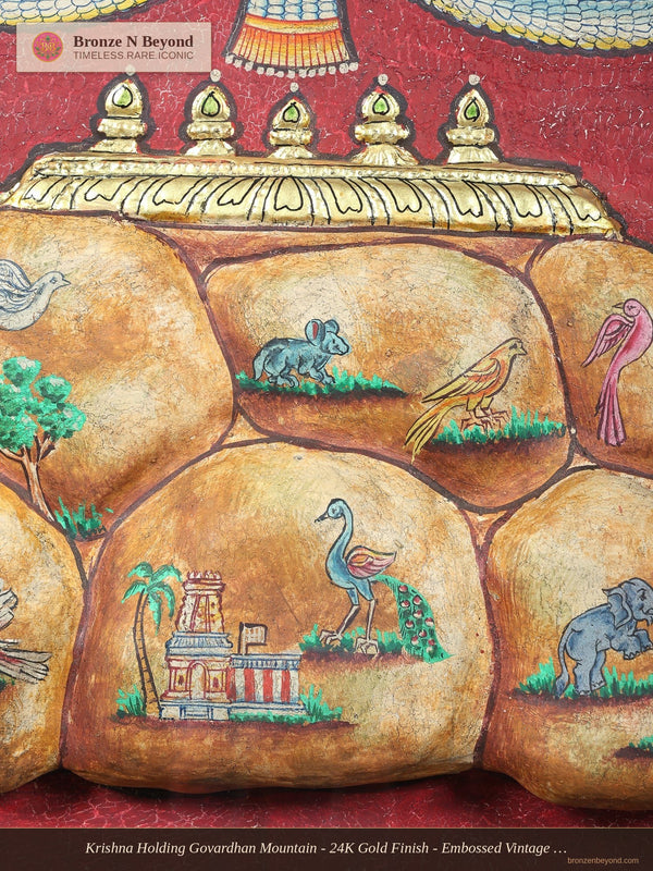Krishna Holding Govardhan Mountain - 24K Gold Finish - Embossed Vintage Tanjore Panel