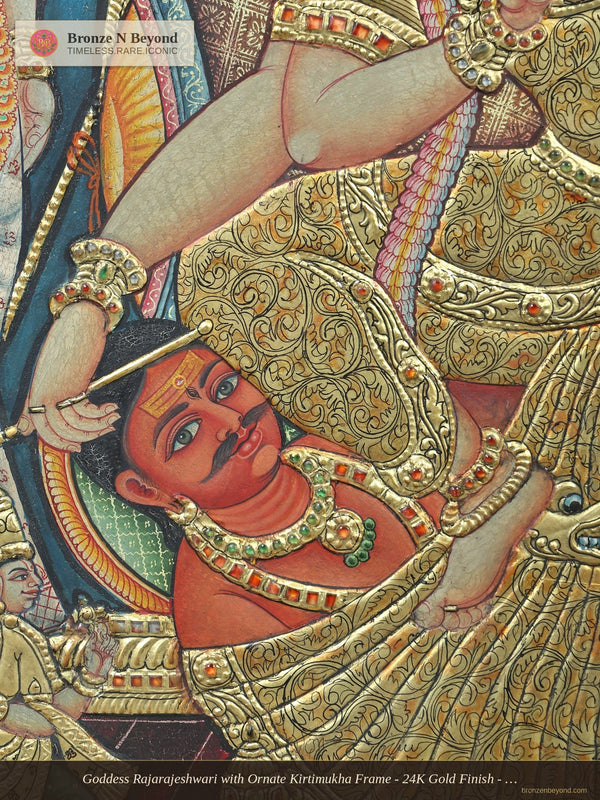 Goddess Rajarajeshwari with Ornate Kirtimukha Frame - 24K Gold Finish - Embossed Vintage Tanjore Panel