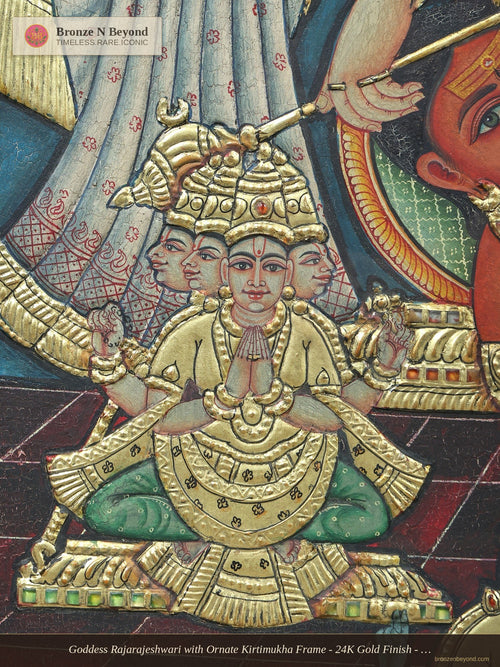 Goddess Rajarajeshwari with Ornate Kirtimukha Frame - 24K Gold Finish - Embossed Vintage Tanjore Panel