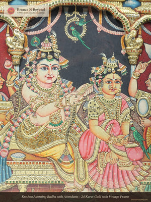 Krishna Adorning Radha with Attendants - 24 Karat Gold with Vintage Frame