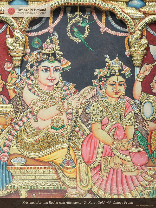 Krishna Adorning Radha with Attendants - 24 Karat Gold with Vintage Frame