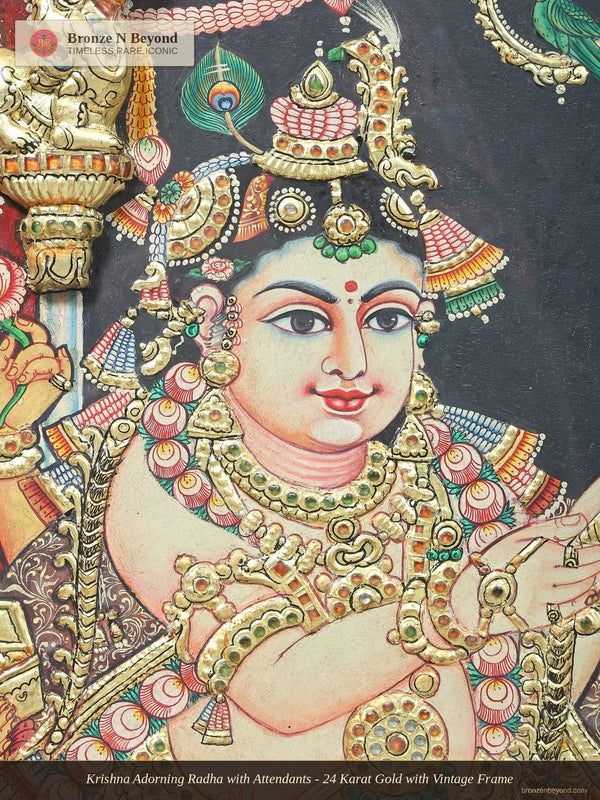 Krishna Adorning Radha with Attendants - 24 Karat Gold with Vintage Frame