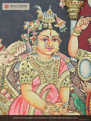 Krishna Adorning Radha with Attendants - 24 Karat Gold with Vintage Frame