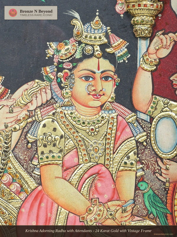 Krishna Adorning Radha with Attendants - 24 Karat Gold with Vintage Frame