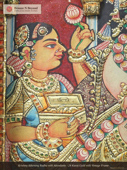 Krishna Adorning Radha with Attendants - 24 Karat Gold with Vintage Frame