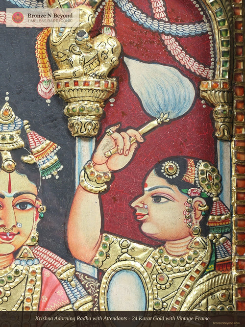 Krishna Adorning Radha with Attendants - 24 Karat Gold with Vintage Frame