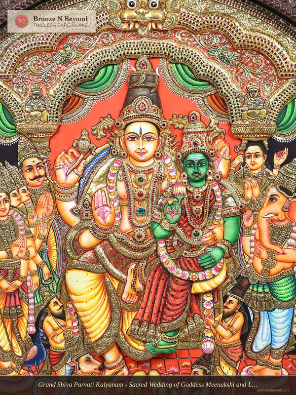 Grand Shiva Parvati Kalyanam - Sacred Wedding of Goddess Meenakshi and Lord Sundareswarar - Circular Tanjore Painting with 24 Karat Gold Work