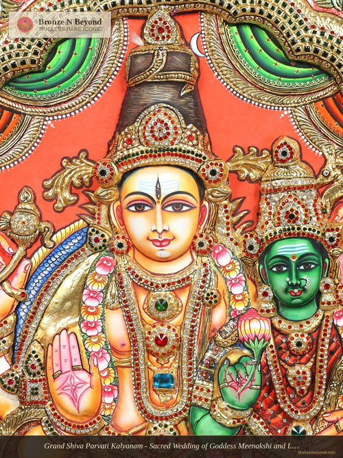 Grand Shiva Parvati Kalyanam - Sacred Wedding of Goddess Meenakshi and Lord Sundareswarar - Circular Tanjore Painting with 24 Karat Gold Work