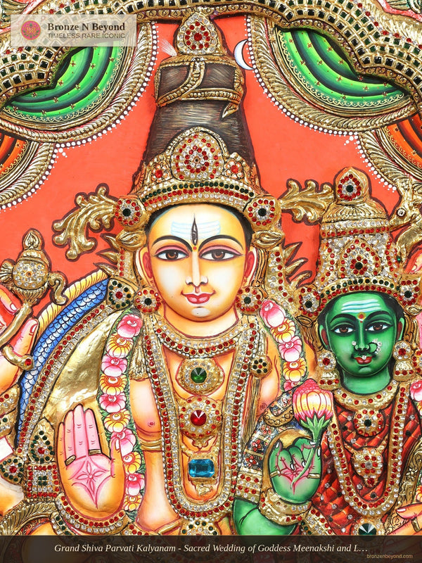 Grand Shiva Parvati Kalyanam - Sacred Wedding of Goddess Meenakshi and Lord Sundareswarar - Circular Tanjore Painting with 24 Karat Gold Work