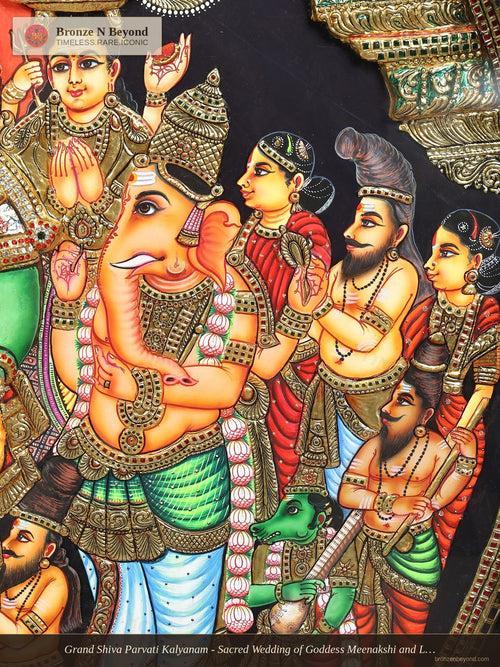 Grand Shiva Parvati Kalyanam - Sacred Wedding of Goddess Meenakshi and Lord Sundareswarar - Circular Tanjore Painting with 24 Karat Gold Work