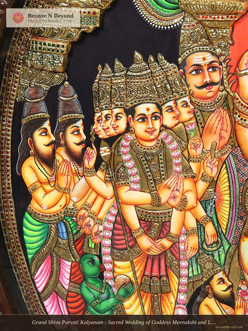 Grand Shiva Parvati Kalyanam - Sacred Wedding of Goddess Meenakshi and Lord Sundareswarar - Circular Tanjore Painting with 24 Karat Gold Work