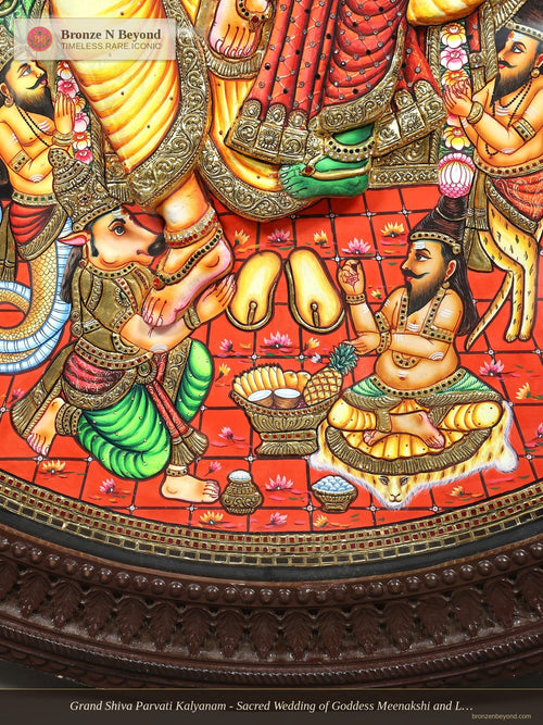 Grand Shiva Parvati Kalyanam - Sacred Wedding of Goddess Meenakshi and Lord Sundareswarar - Circular Tanjore Painting with 24 Karat Gold Work