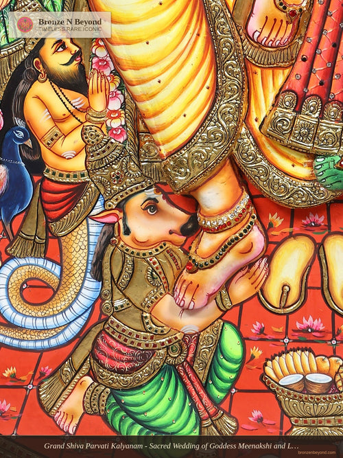Grand Shiva Parvati Kalyanam - Sacred Wedding of Goddess Meenakshi and Lord Sundareswarar - Circular Tanjore Painting with 24 Karat Gold Work