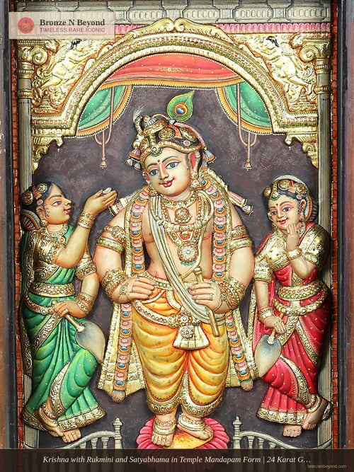 Krishna with Rukmini and Satyabhama in Temple Mandapam Form | 24 Karat Gold | Three-Dimensional Tanjore Painting