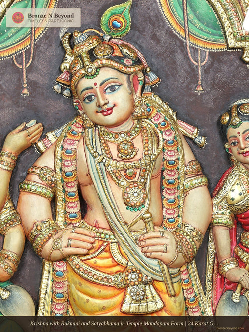 Krishna with Rukmini and Satyabhama in Temple Mandapam Form | 24 Karat Gold | Three-Dimensional Tanjore Painting