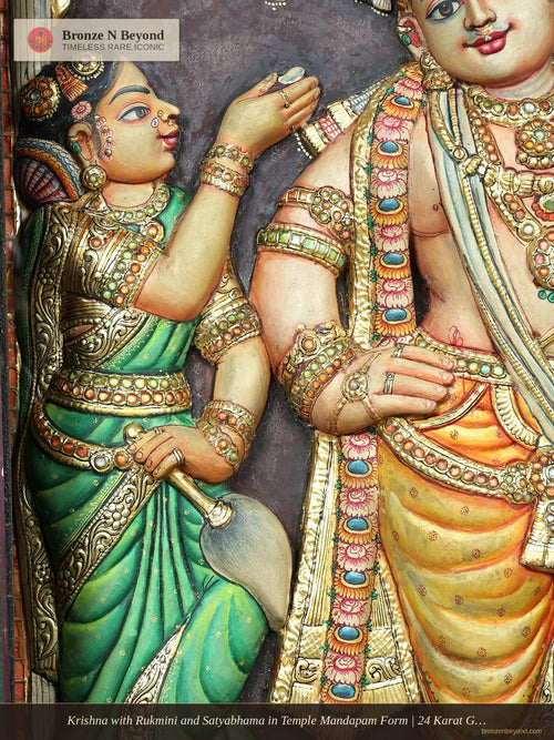 Krishna with Rukmini and Satyabhama in Temple Mandapam Form | 24 Karat Gold | Three-Dimensional Tanjore Painting