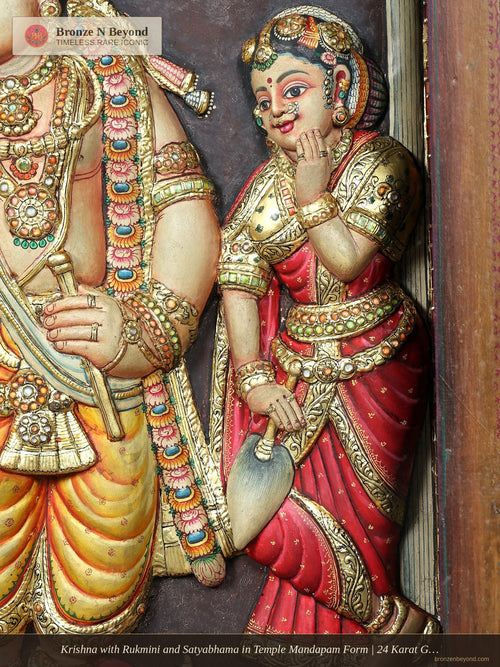 Krishna with Rukmini and Satyabhama in Temple Mandapam Form | 24 Karat Gold | Three-Dimensional Tanjore Painting
