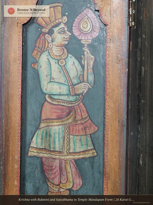 Krishna with Rukmini and Satyabhama in Temple Mandapam Form | 24 Karat Gold | Three-Dimensional Tanjore Painting