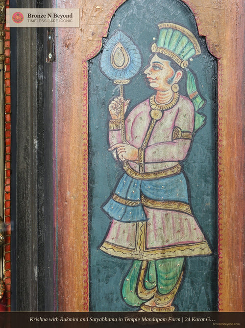 Krishna with Rukmini and Satyabhama in Temple Mandapam Form | 24 Karat Gold | Three-Dimensional Tanjore Painting