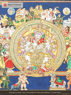 Nataraja in Cosmic Dance Surrounded by Gods and Goddesses | Framed Tanjore Painting with 24 Karat Gold Work