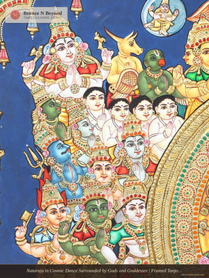 Nataraja in Cosmic Dance Surrounded by Gods and Goddesses | Framed Tanjore Painting with 24 Karat Gold Work