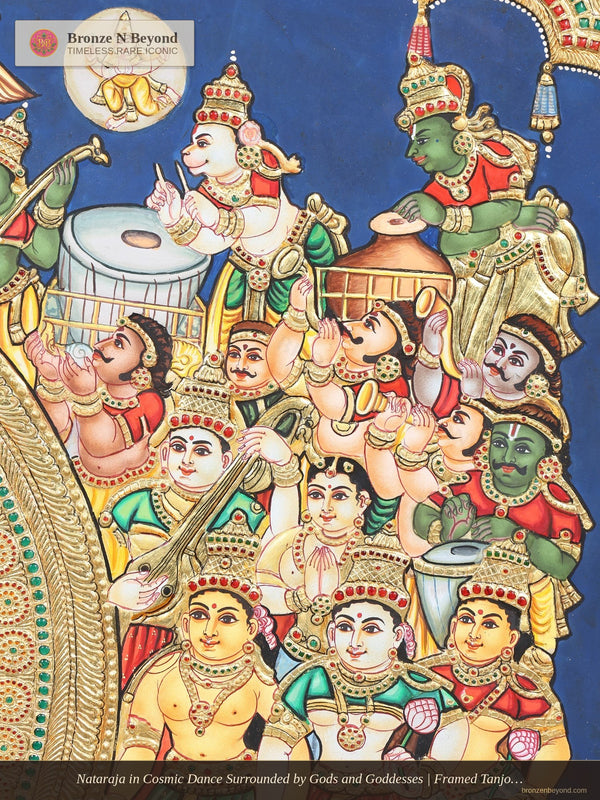 Nataraja in Cosmic Dance Surrounded by Gods and Goddesses | Framed Tanjore Painting with 24 Karat Gold Work