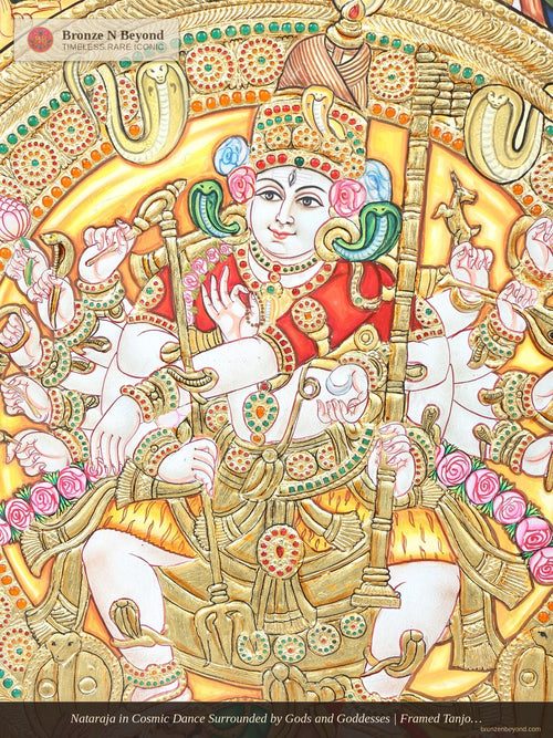 Nataraja in Cosmic Dance Surrounded by Gods and Goddesses | Framed Tanjore Painting with 24 Karat Gold Work