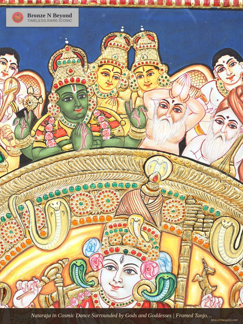 Nataraja in Cosmic Dance Surrounded by Gods and Goddesses | Framed Tanjore Painting with 24 Karat Gold Work