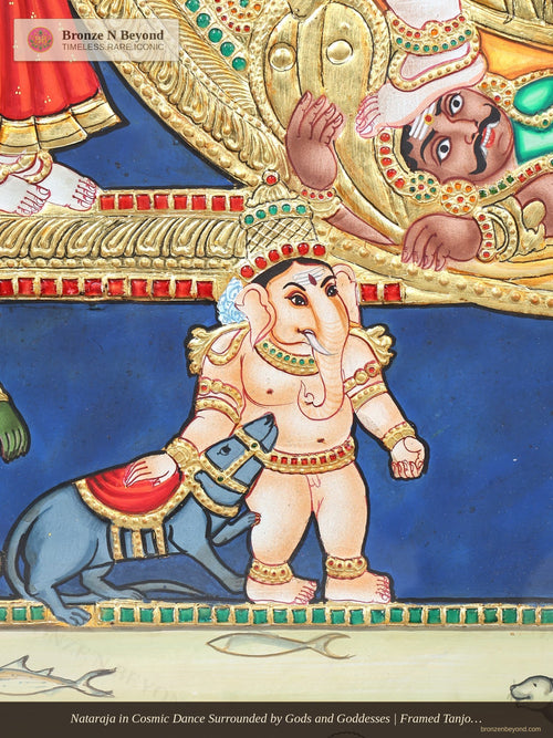 Nataraja in Cosmic Dance Surrounded by Gods and Goddesses | Framed Tanjore Painting with 24 Karat Gold Work