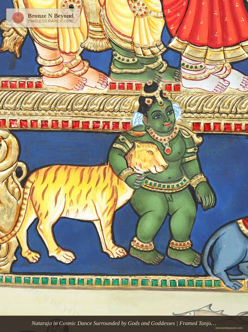 Nataraja in Cosmic Dance Surrounded by Gods and Goddesses | Framed Tanjore Painting with 24 Karat Gold Work