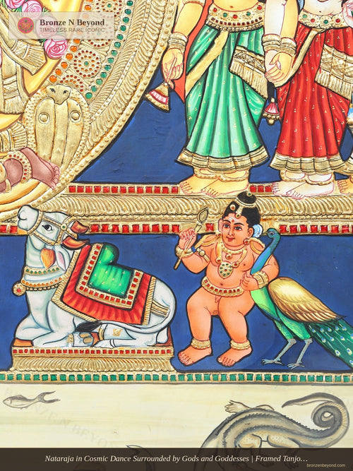 Nataraja in Cosmic Dance Surrounded by Gods and Goddesses | Framed Tanjore Painting with 24 Karat Gold Work