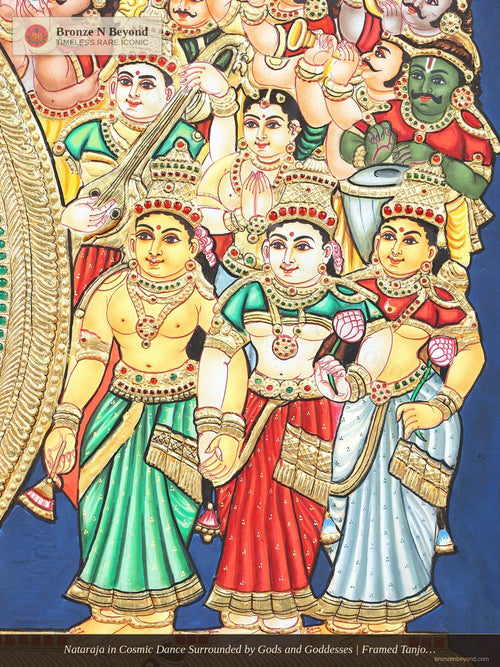 Nataraja in Cosmic Dance Surrounded by Gods and Goddesses | Framed Tanjore Painting with 24 Karat Gold Work
