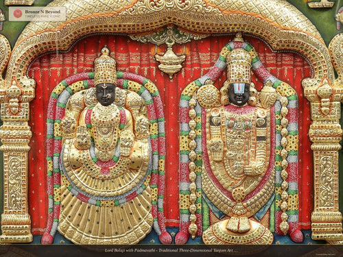 Lord Balaji with Padmavathi - Traditional Three-Dimensional Tanjore Art - Set in Teakwood Frame